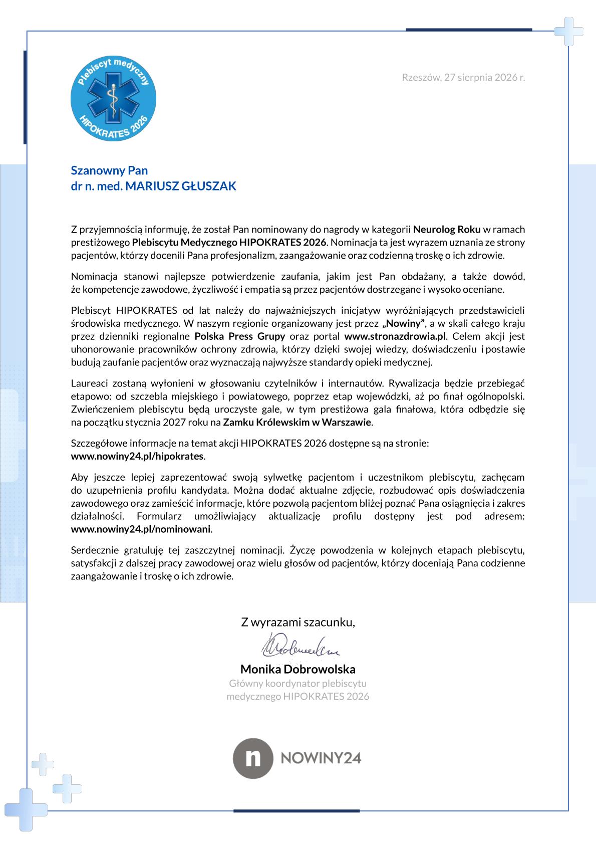 Nominacja dr Mariusza Głuszaka do nagrody Neurolog Roku Hipokrates 2026