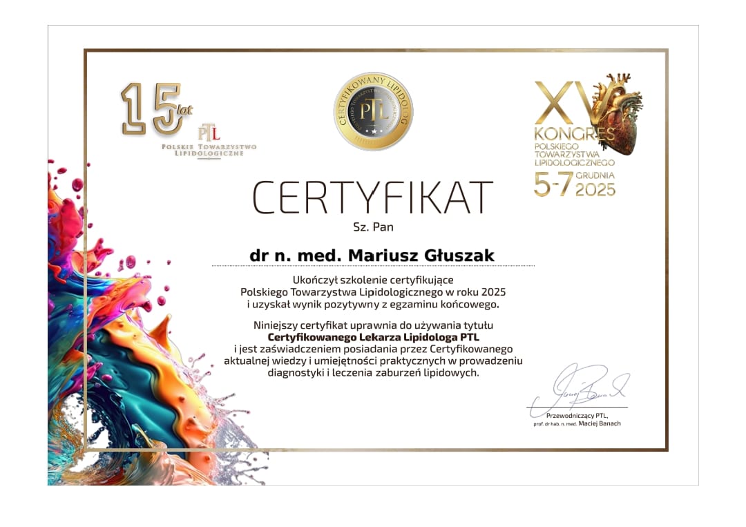 Certyfikat Certyfikowanego Lekarza Lipidologa PTL dla dr Mariusza Głuszaka